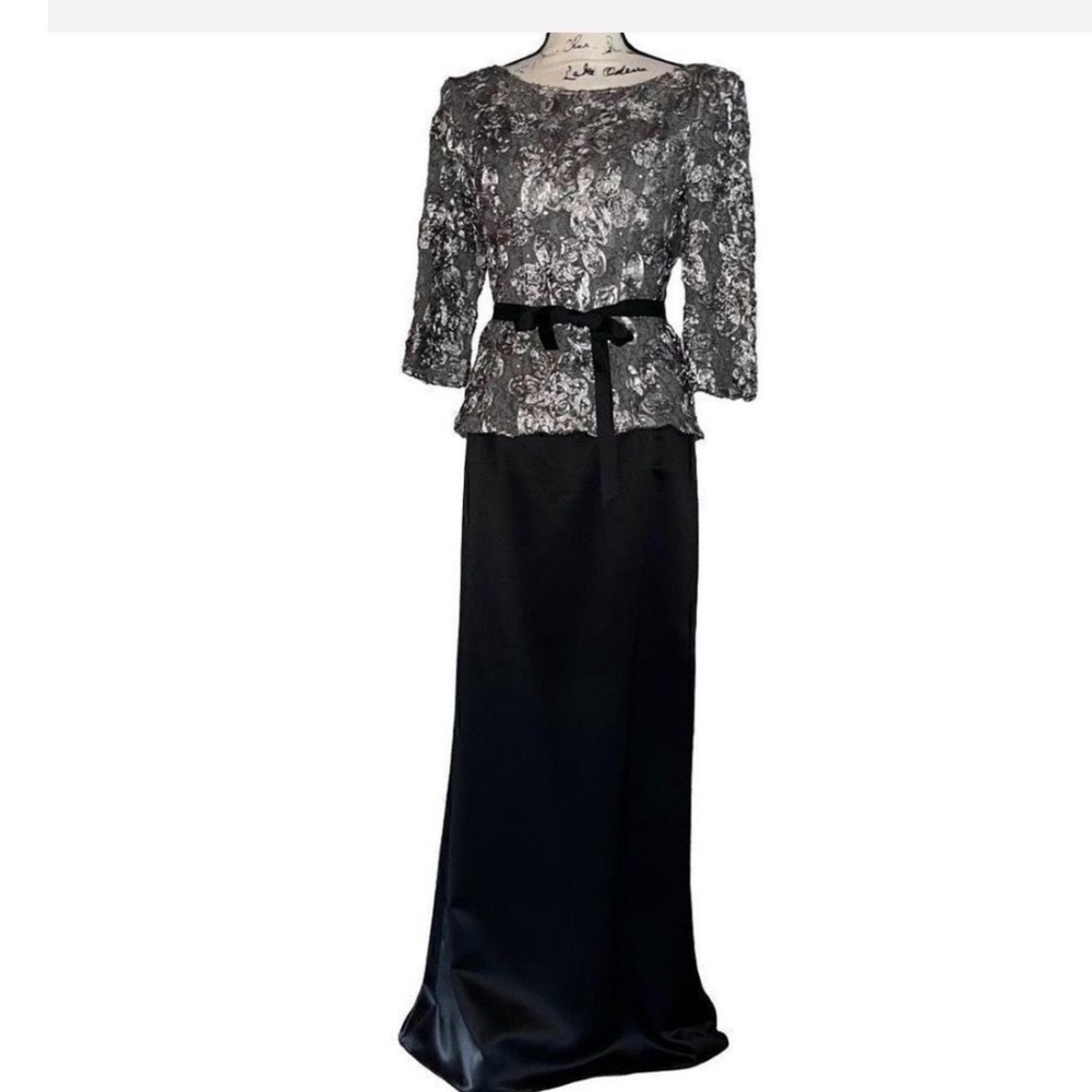 Alex Evenings Black Maxi Dress with Embellished Silver Top and Ribbon‎